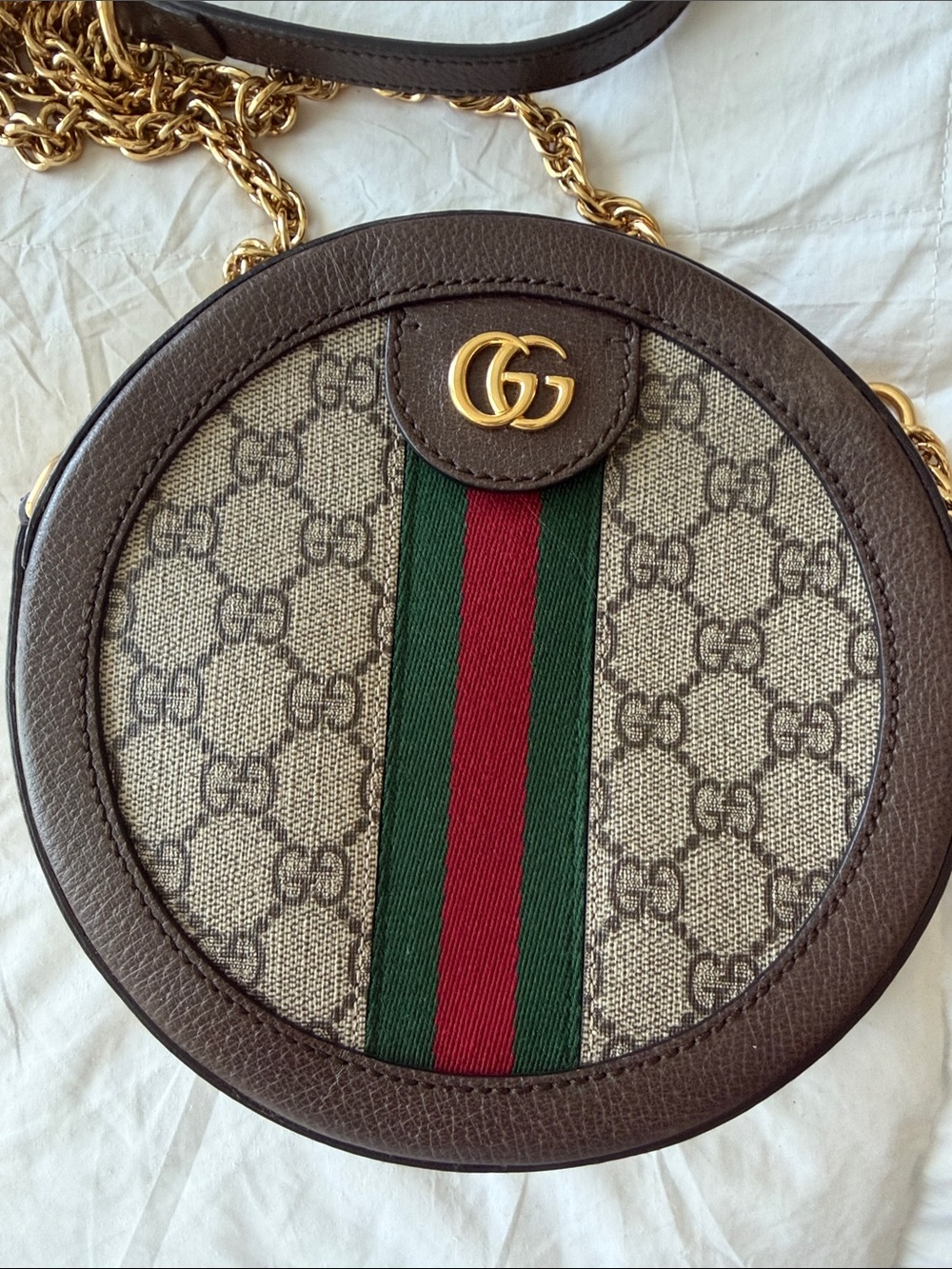 Gucci Brown GG Supreme Round Crossbody with Green and Red Web - Picture 2 of 8